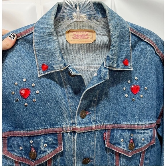 Vintage Levi's Womens Sz M Denim Trucker Jacket Oklahoma Studded Embellished - Picture 5 of 10
